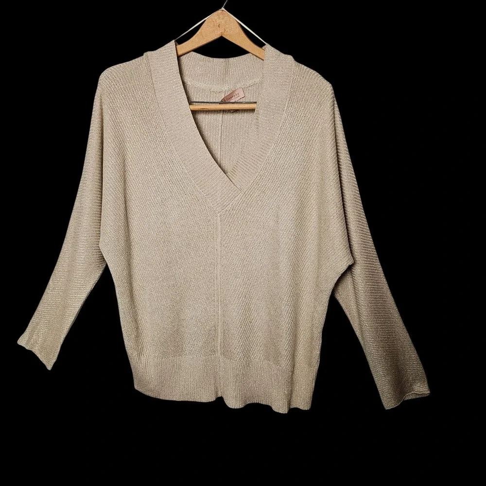 Philosophy Republic Womens XL Champagne Gold Metallic Dolman V Neck Sweater Glam